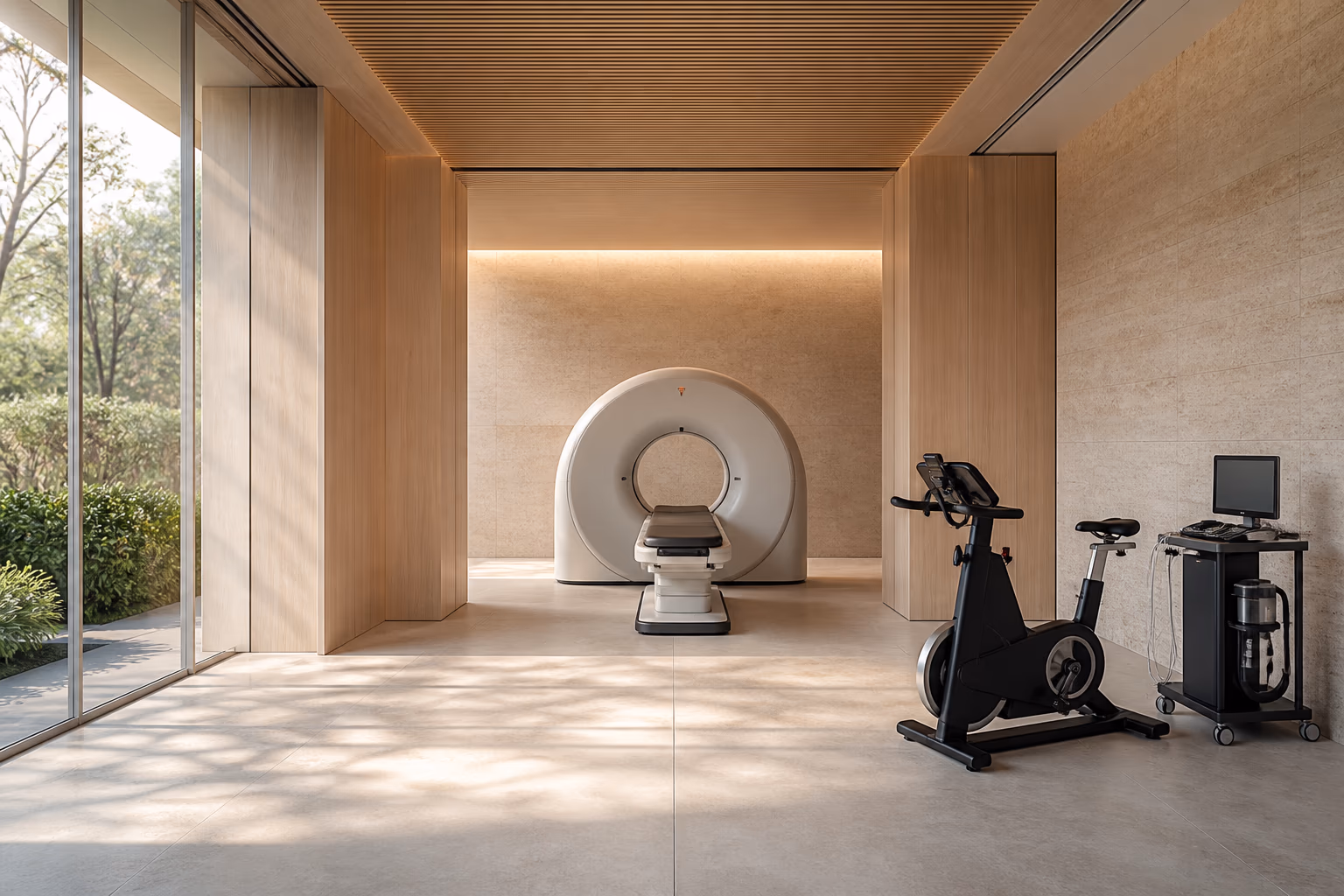 A cardiac CT bore aligned with an exercise cycle and metabolic cart in an empty cardiometabolic laboratory.