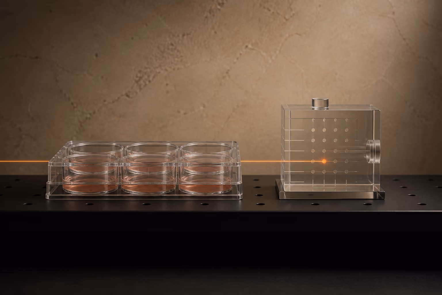A proton beam crossing cell-culture dishes and reaching a defined target field.