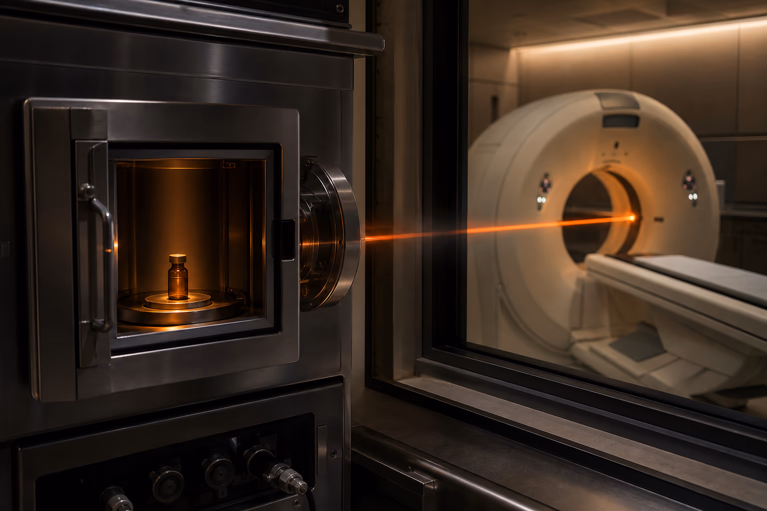 A shielded radiopharmaceutical vial and PET scanner beyond lead glass.