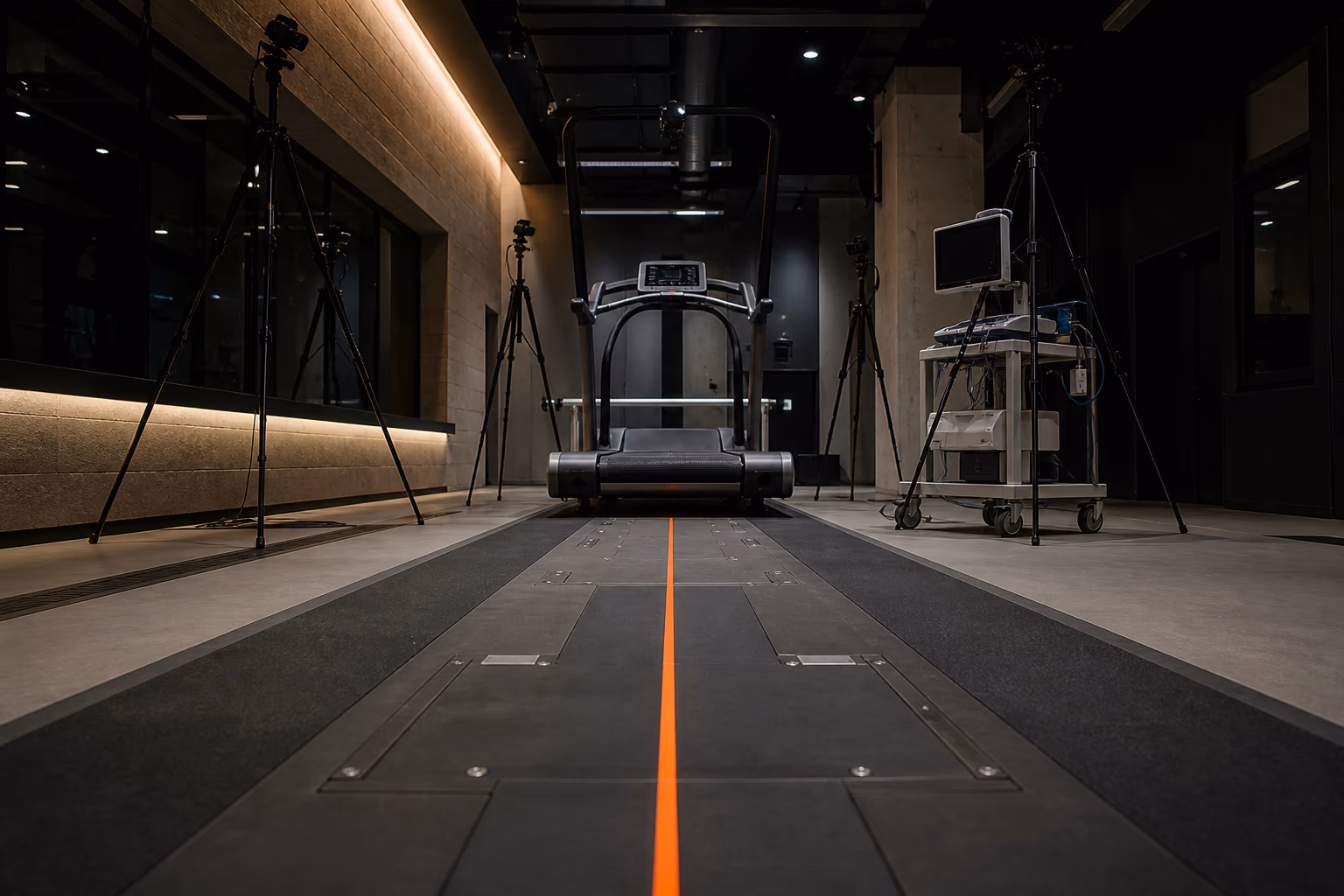 An instrumented treadmill and motion-capture cameras in a biomechanics laboratory.