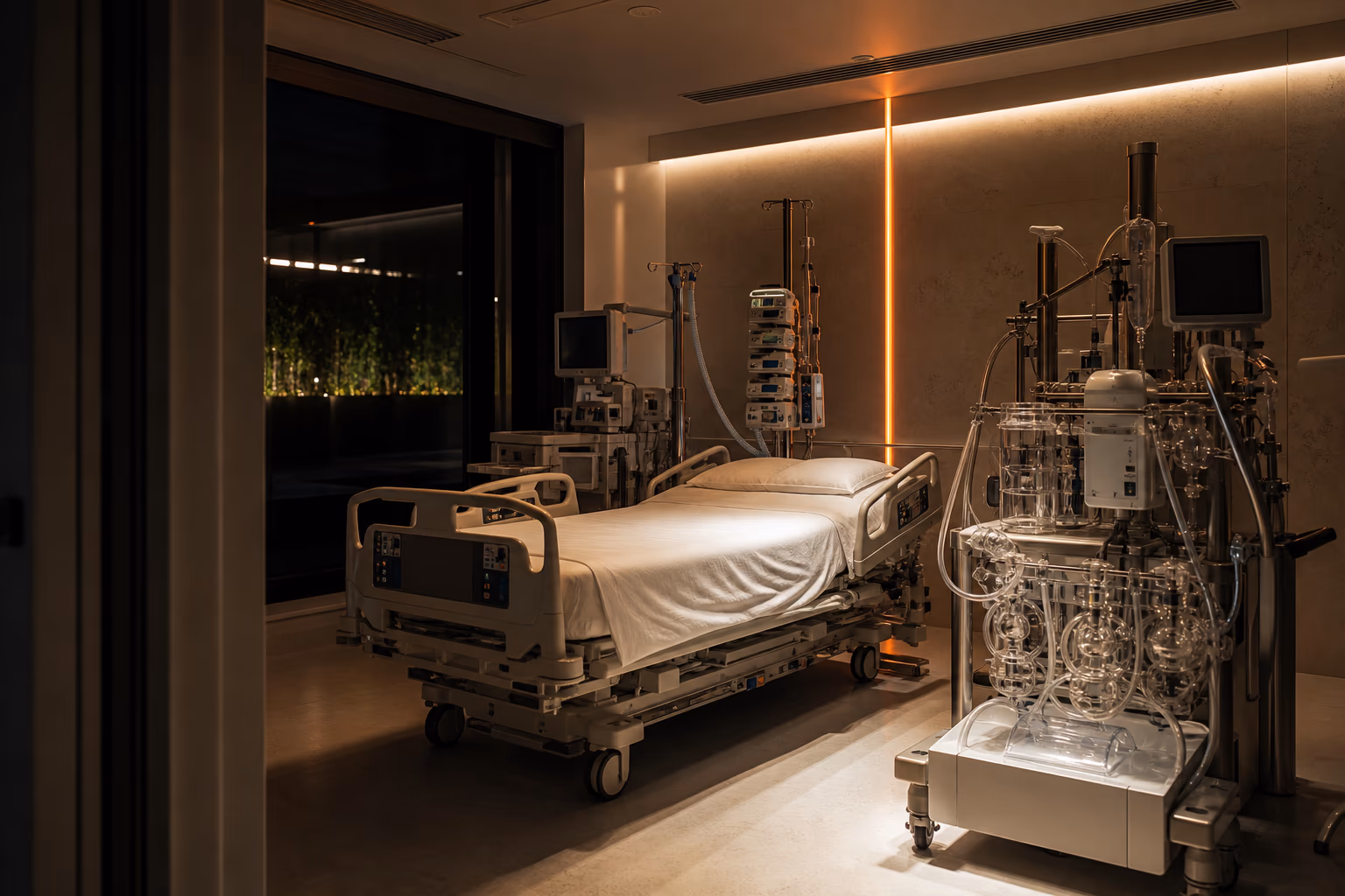 An empty critical-care bay with a ventilator, an unused ECMO circuit and escalation equipment.