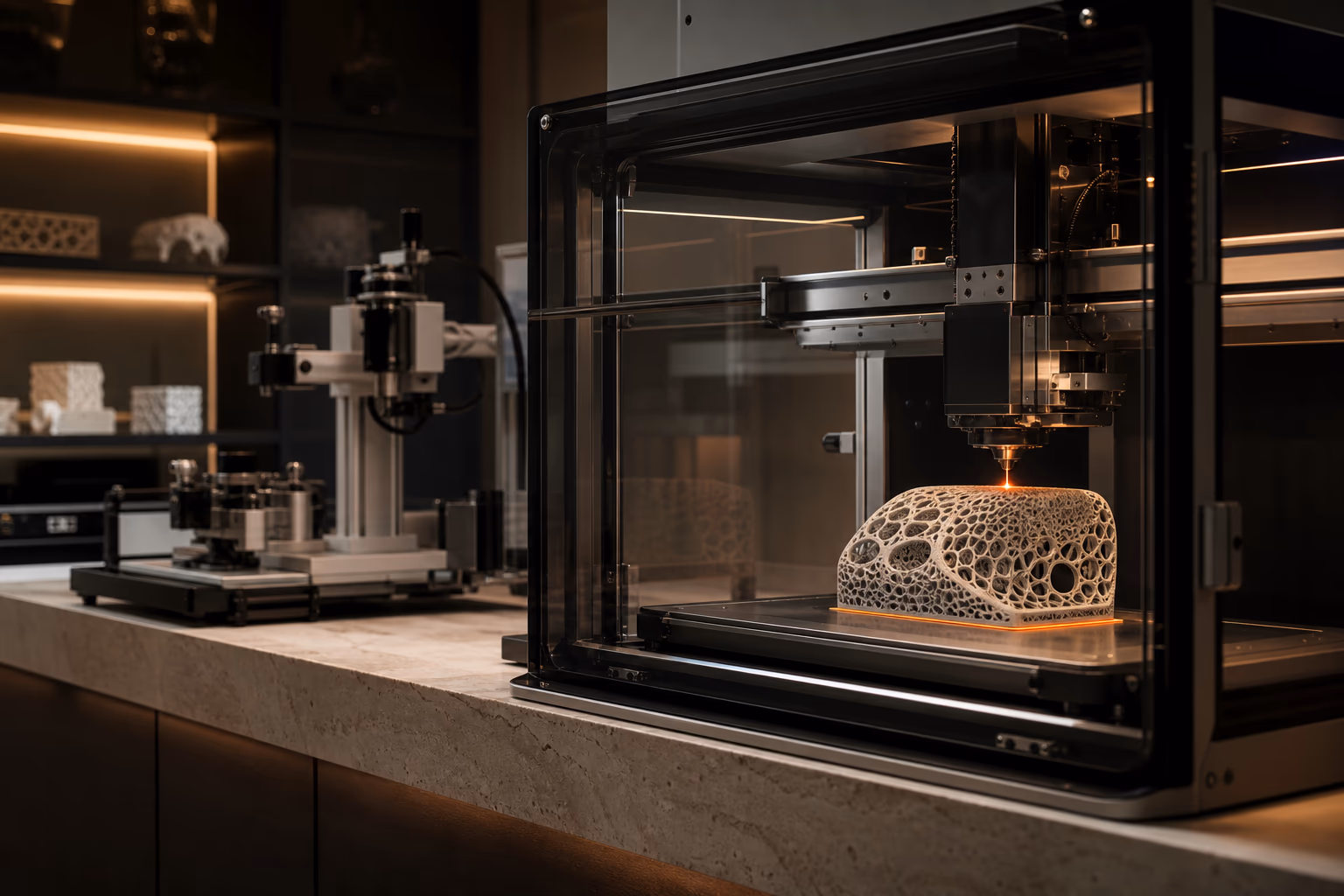 A porous implant scaffold being made inside a medical 3D-printing laboratory.