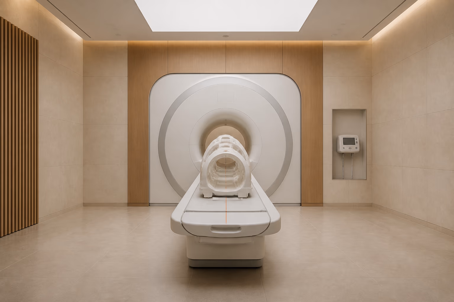 An empty focused-ultrasound head-array cradle aligned with a compact MRI bore in a neuromodulation suite.