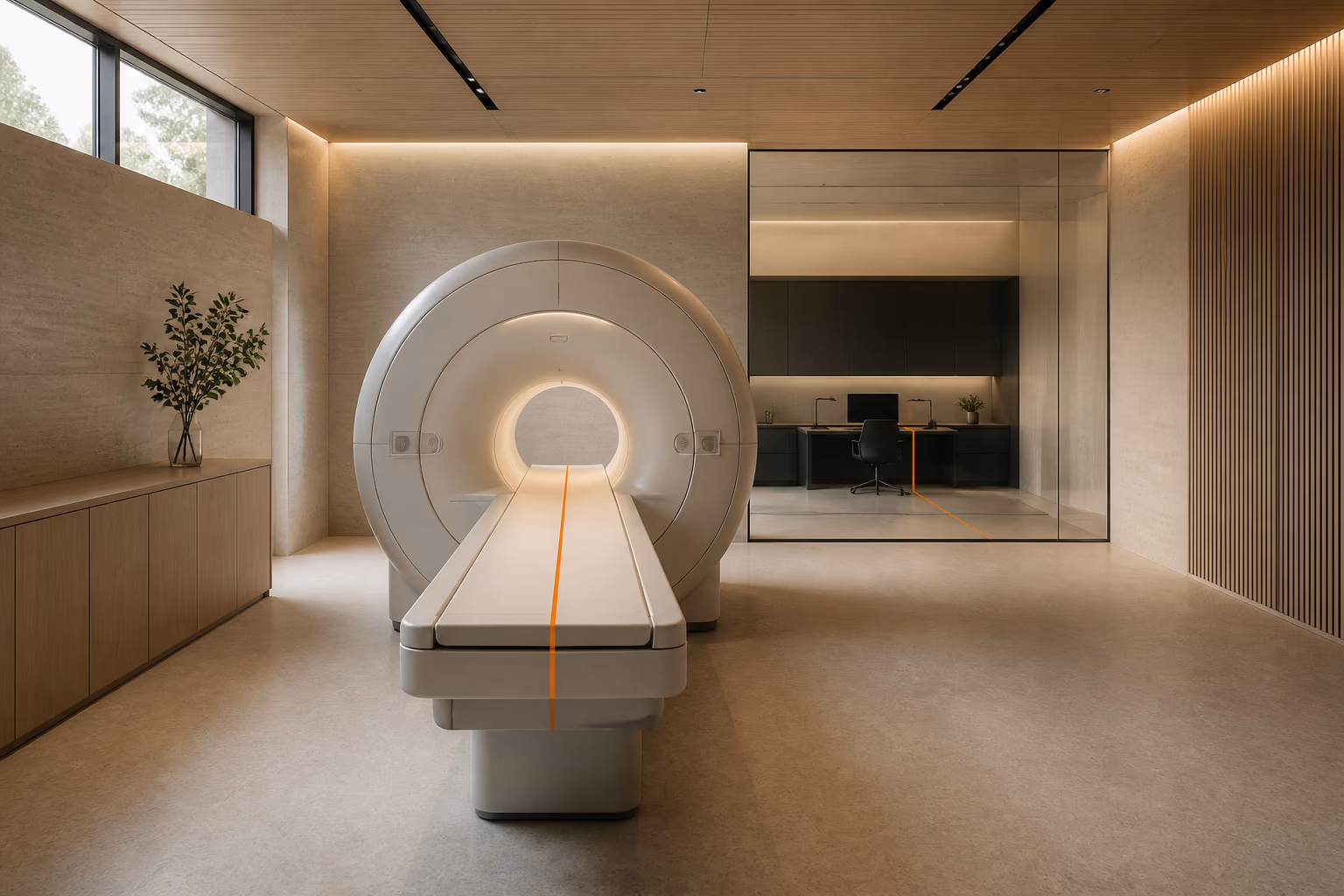 A whole-body MRI aligned with a connected results station beyond glass in an empty preventive-assessment suite.