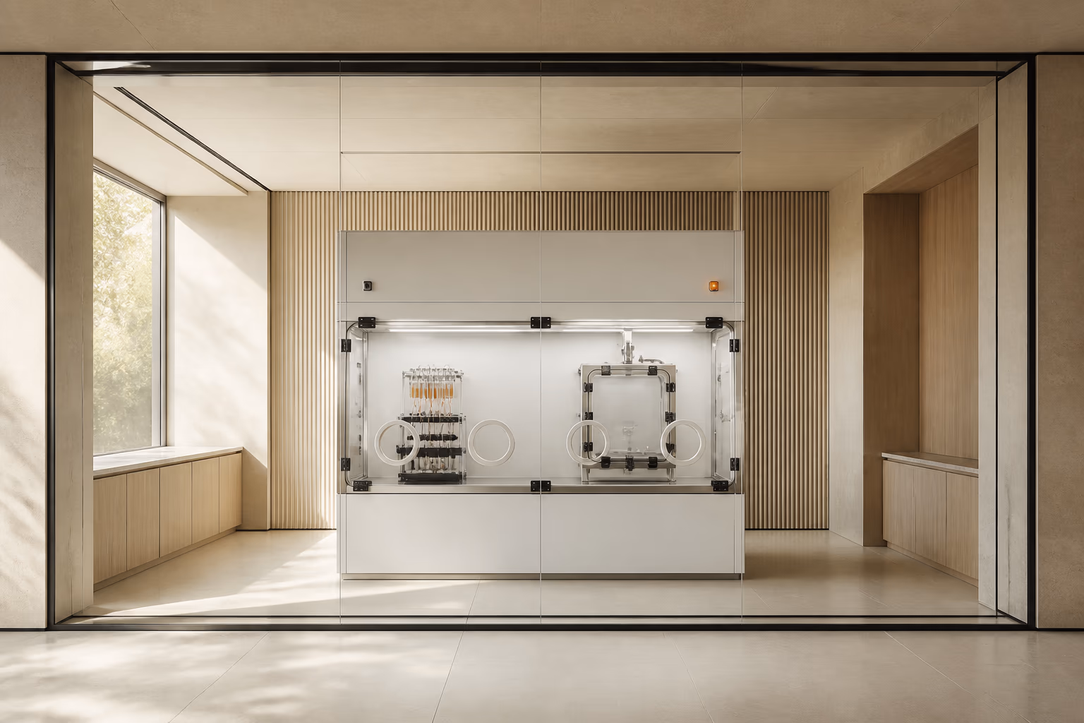 A sealed cell-processing isolator and ordered culture rack behind glass in a clinical laboratory.