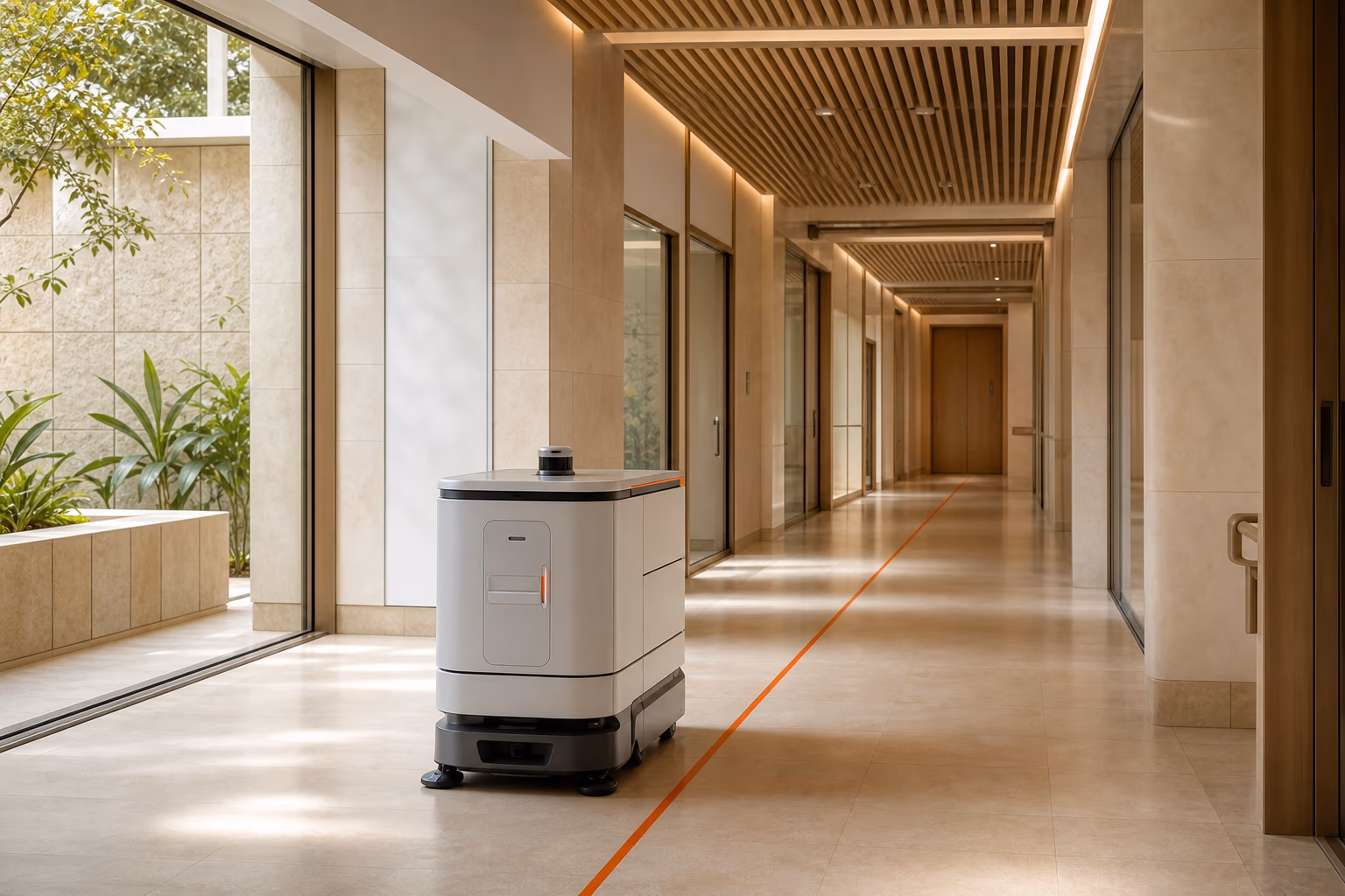 A compact autonomous delivery robot following an orange guidance line through an empty daylit hospital corridor.