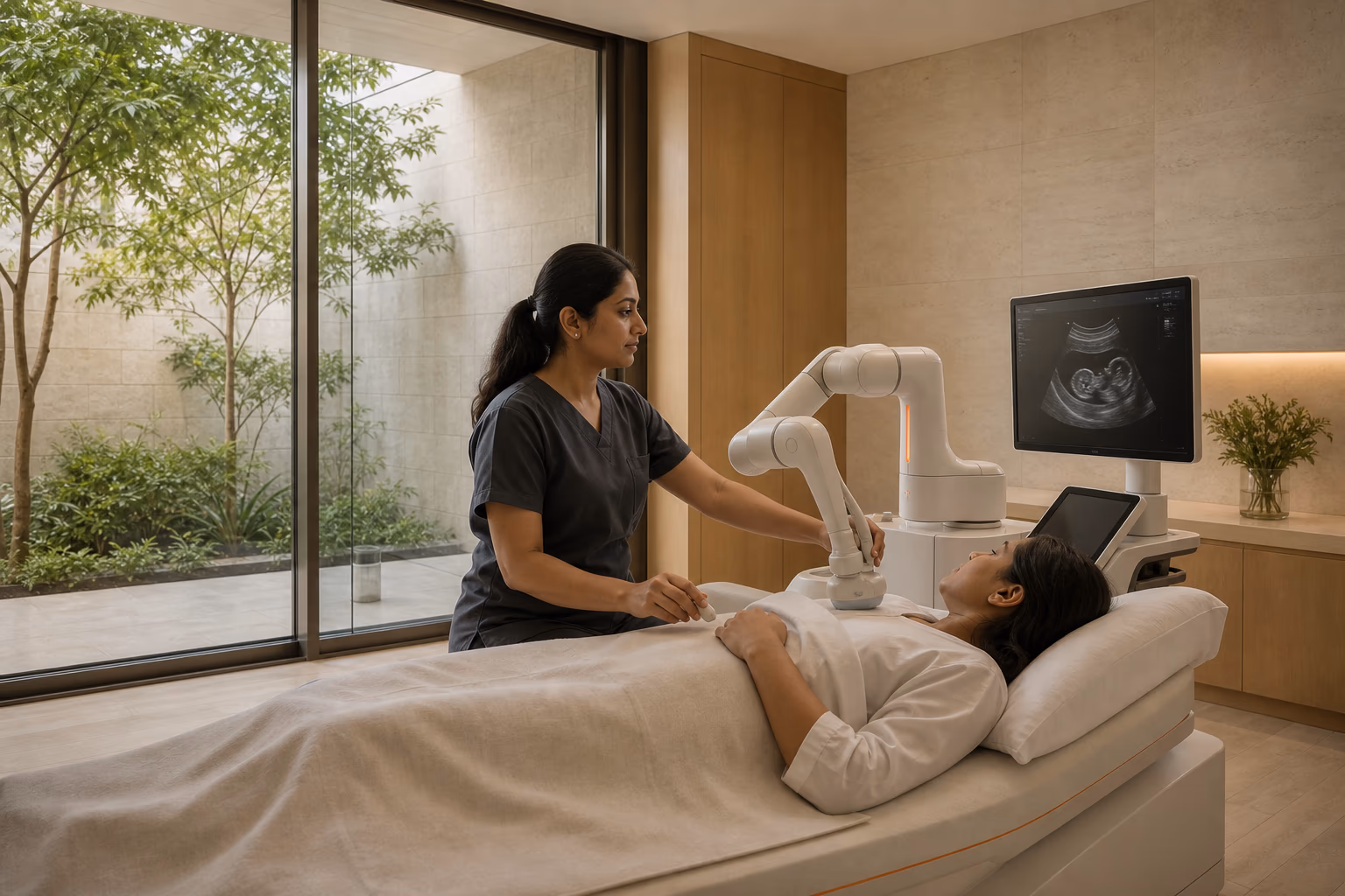 An Indian sonographer directing a robotic ultrasound arm beside a patient in a daylit clinical room.