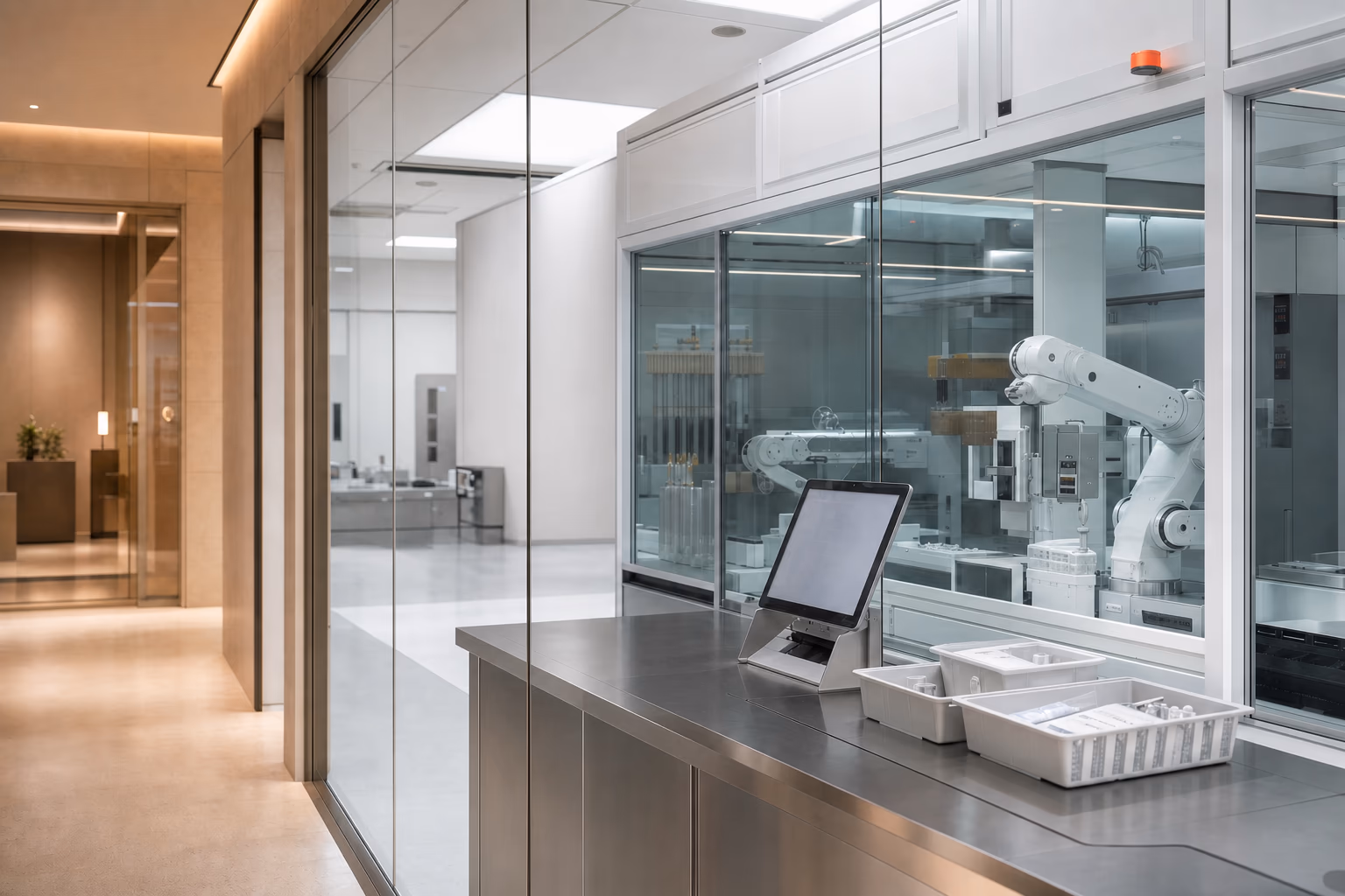 An unoccupied sterile pharmacy automation room with enclosed robotic arms behind glass.