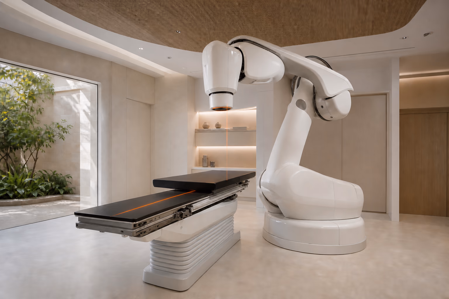 An unoccupied robotic radiosurgery suite with a white articulated treatment arm and an orange alignment line crossing the couch.