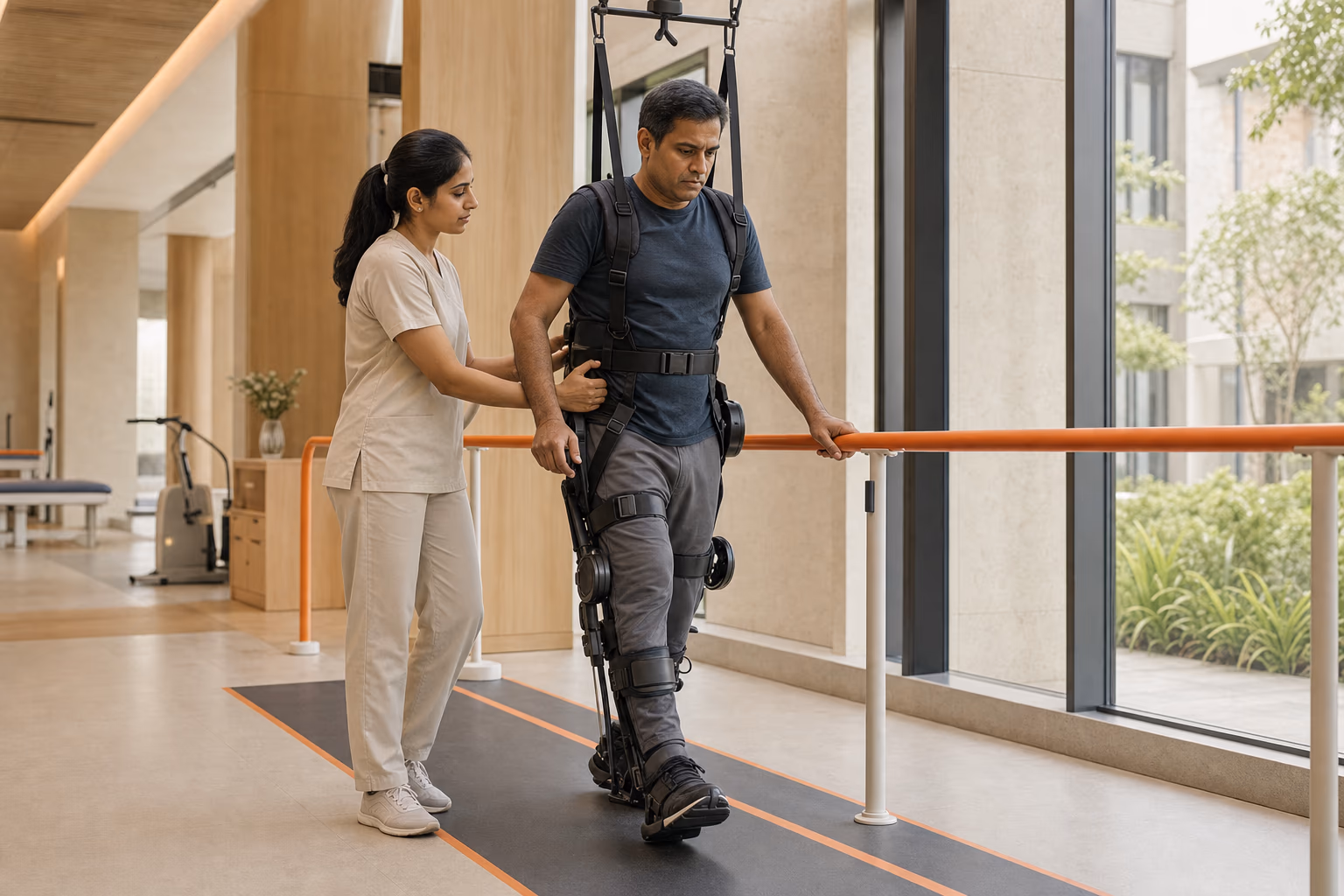 An Indian rehabilitation patient taking a supported step in a gait exoskeleton beside a physiotherapist.