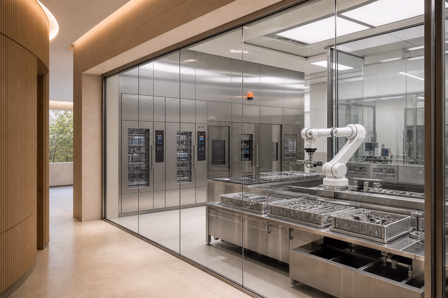 An unoccupied sterile-processing suite with enclosed reprocessing units and a robotic arm sorting instruments behind glass.