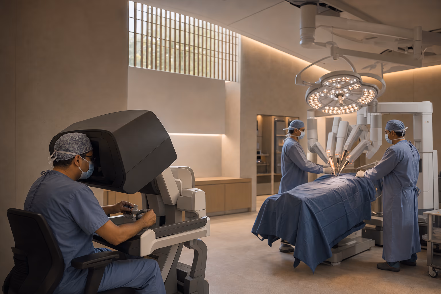 An Indian surgeon directing a multi-arm surgical robot while the theatre team remains beside the patient.