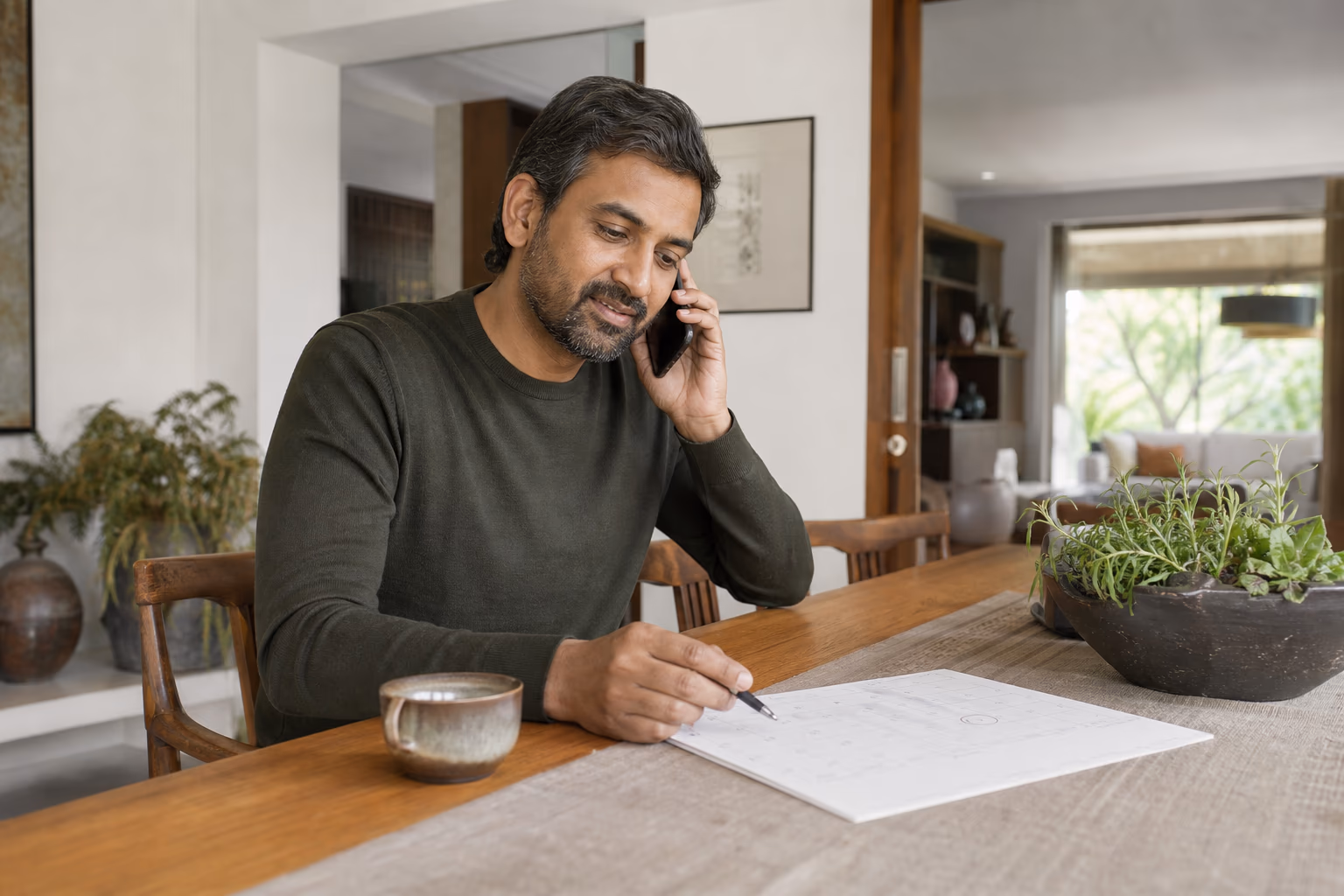 A member taking a warm phone call at home while marking one date on a paper calendar.