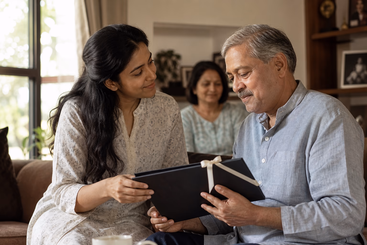 An adult daughter and her older father opening a restrained health-membership folio together at home.