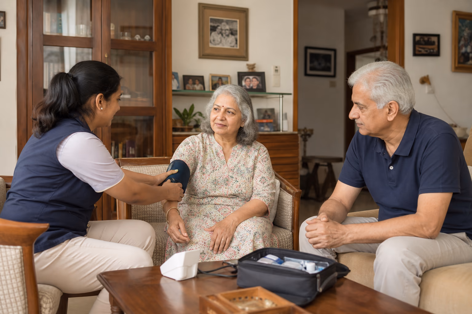 A ViVa Ranger checking an older member’s blood pressure at home while her partner stays close.
