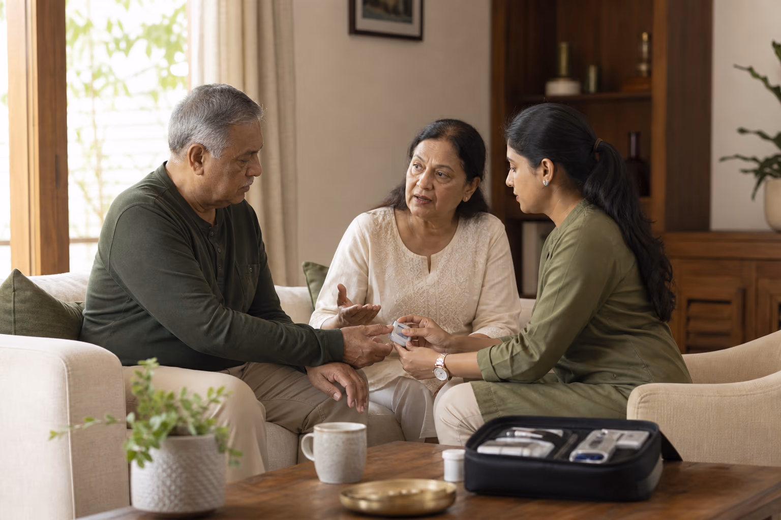 An older couple speaking with a ViVa clinician during a scheduled health screening at home.