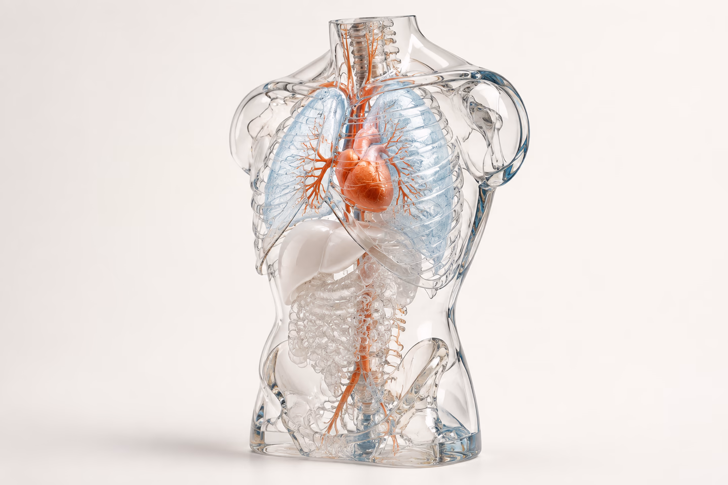 Anatomical study in optical glass, with visible lungs, heart and connected vascular structures.