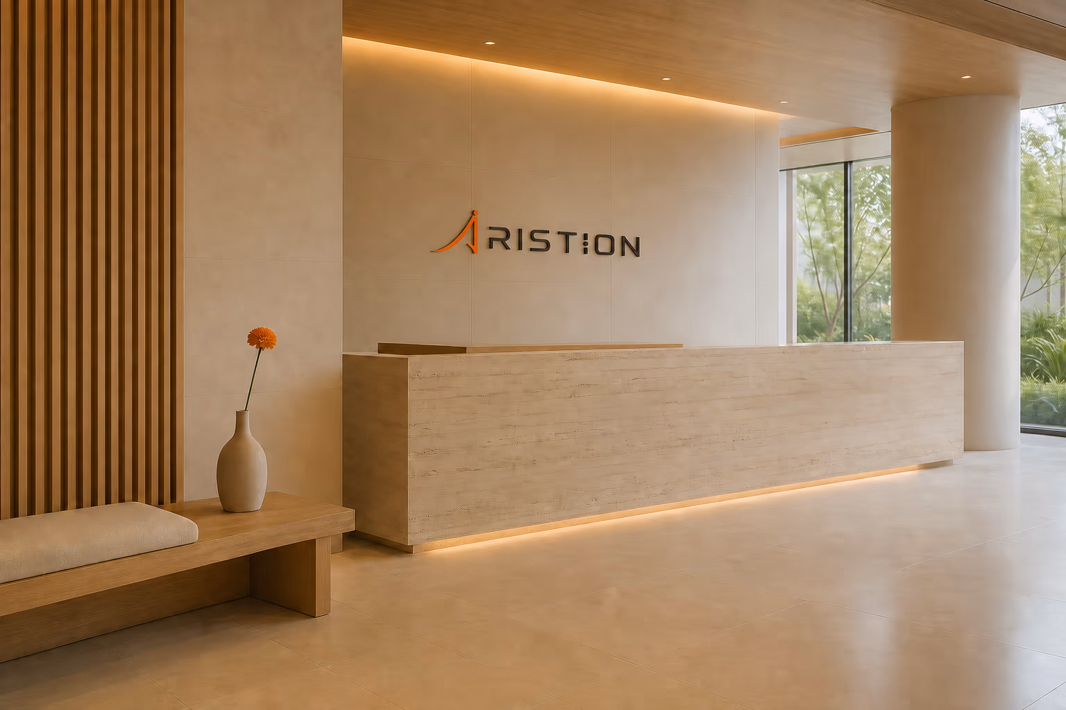The Aristion front desk in warm stone, with the complete Aristion mark and wordmark installed behind reception.