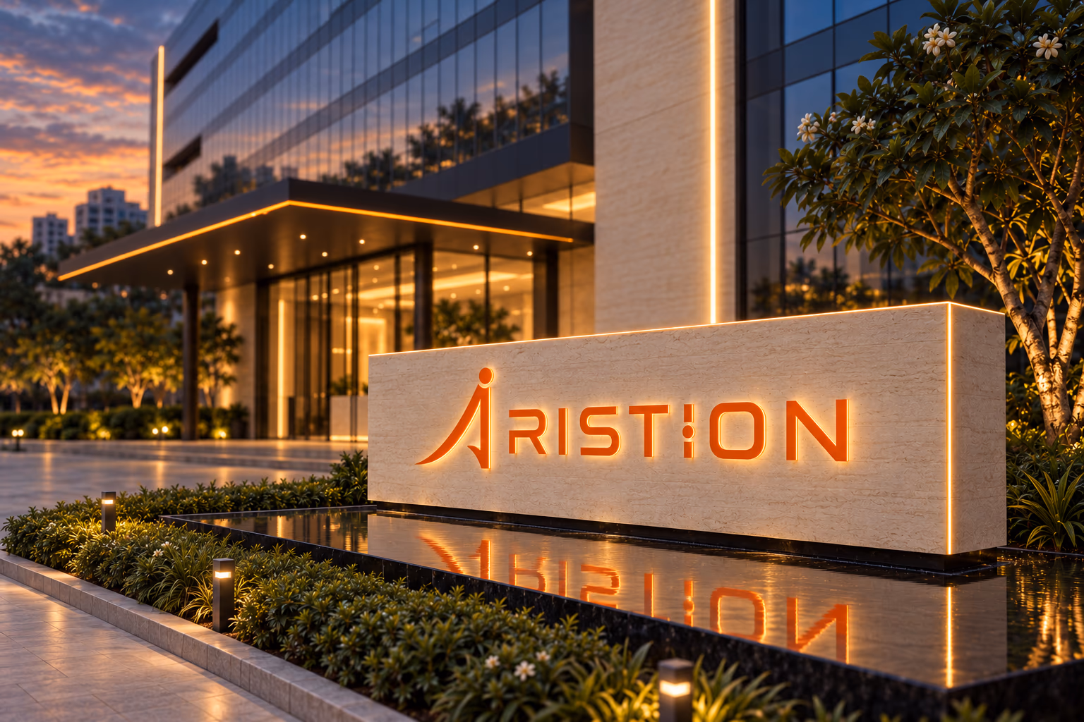 The Aristion name board at the Airport Road entrance: a travertine monolith with halo-lit orange letters and an amber edge line, floating over a still water table at dusk.