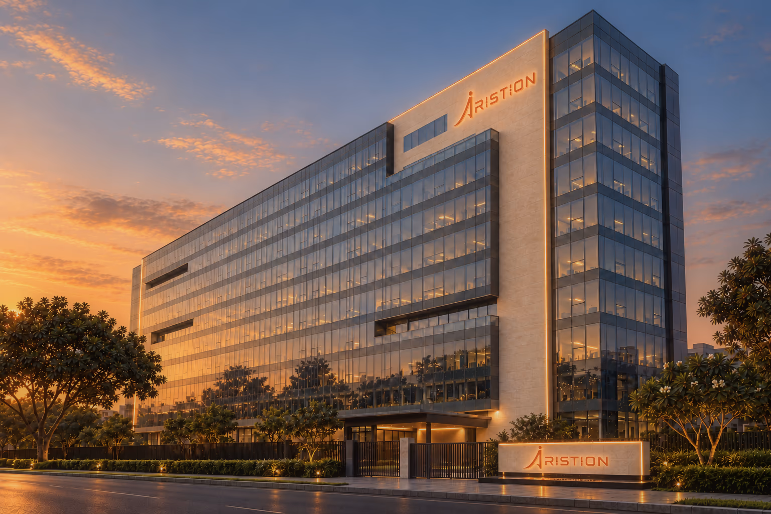 The Aristion building on Airport Road at golden hour, its name halo-lit on the travertine fin and repeated on a stone name board at the gate.