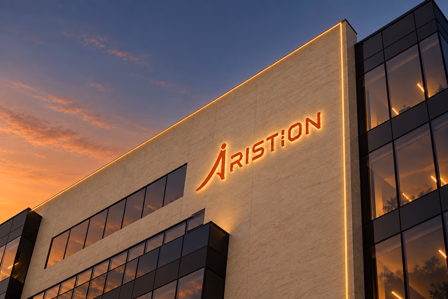 The Aristion name, halo-lit in orange on the travertine fin of the Aristion building at dusk, traced by a single amber line of light.