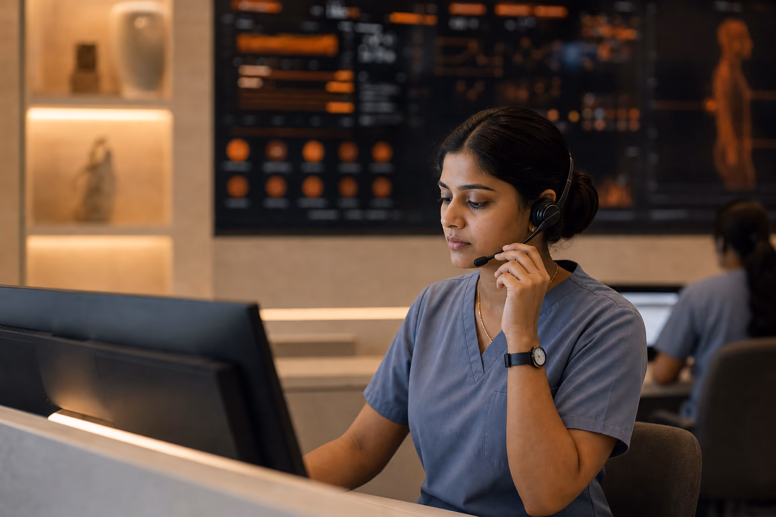 A nurse reviewing prioritised home-monitoring signals in the Continuum clinical desk.