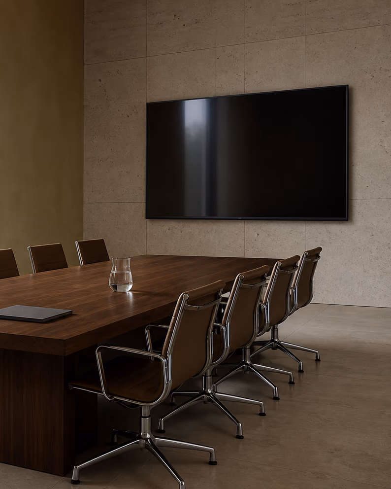 An empty molecular tumour board room: one long walnut table, chairs pushed in, a dark wall screen and morning light from a tall narrow window.