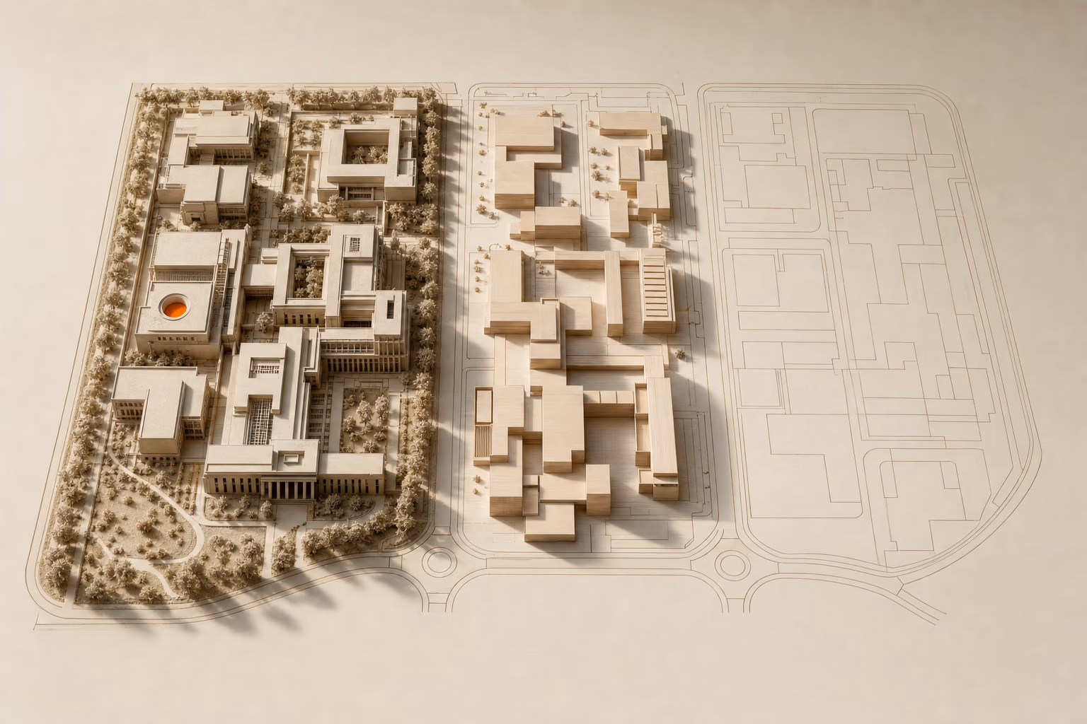 Conceptual scale model of the planned Aristion campus and its development phases.
