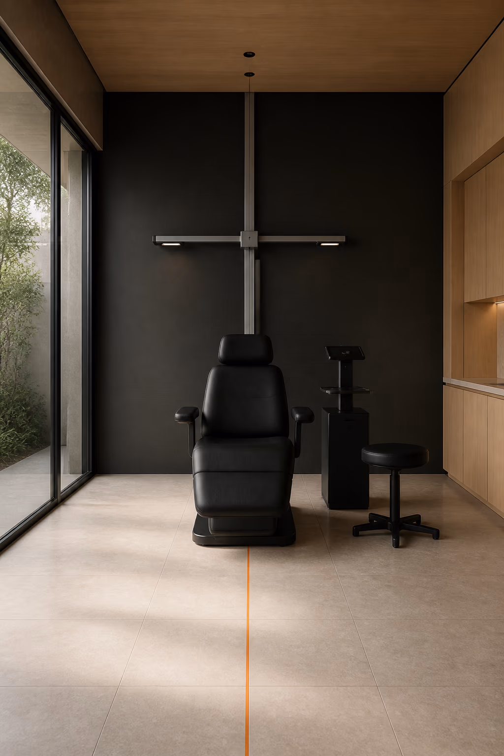 A black assessment chair beneath a diagnostic rail in the empty Clock Room, with one station and stool nearby.
