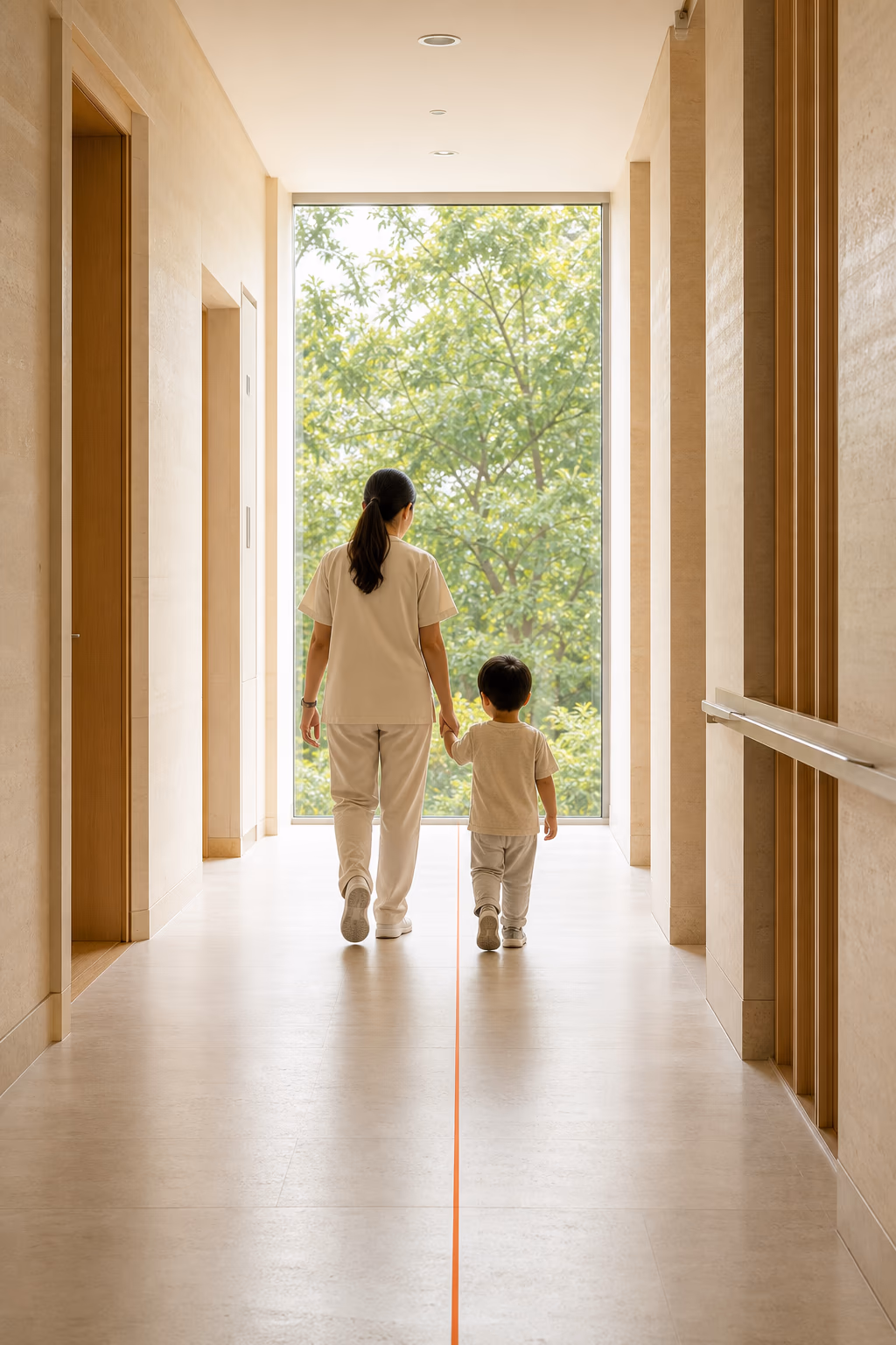 A clinician walking beside a family through a warm, daylit hospital corridor.