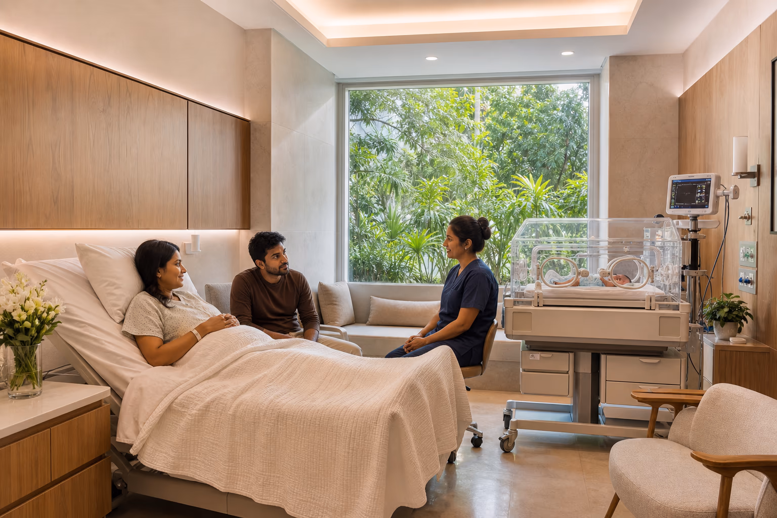 A mother and partner speaking with a neonatal nurse while their baby rests in an incubator in the same room.