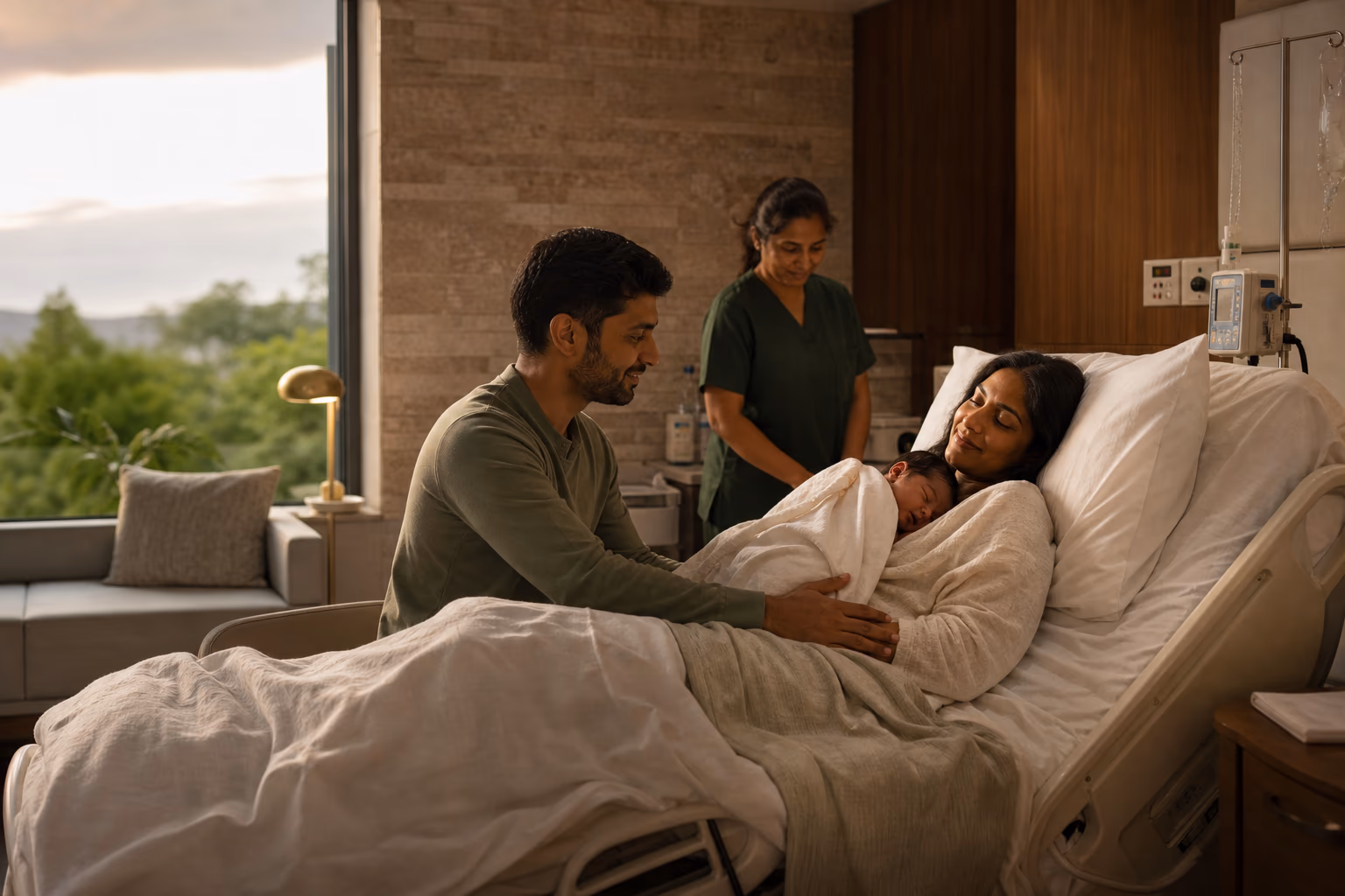 A mother holding her newborn skin-to-skin while her partner and midwife stay close.