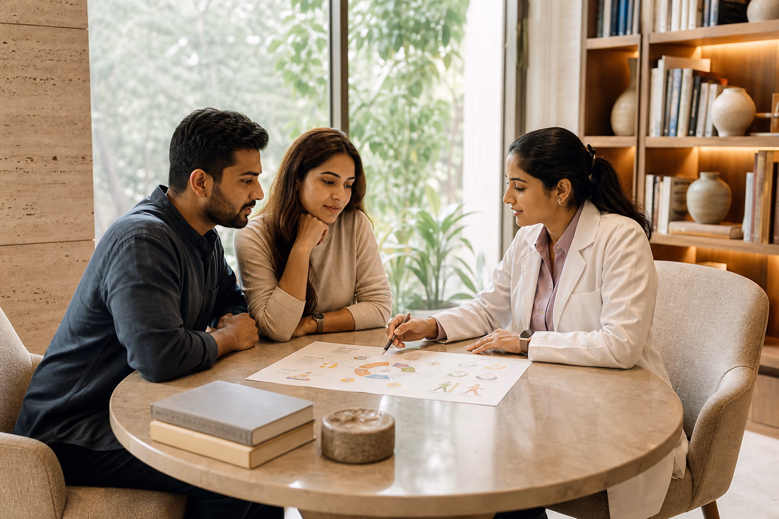 A South Asian couple speaking with a clinician during a preconception consultation.