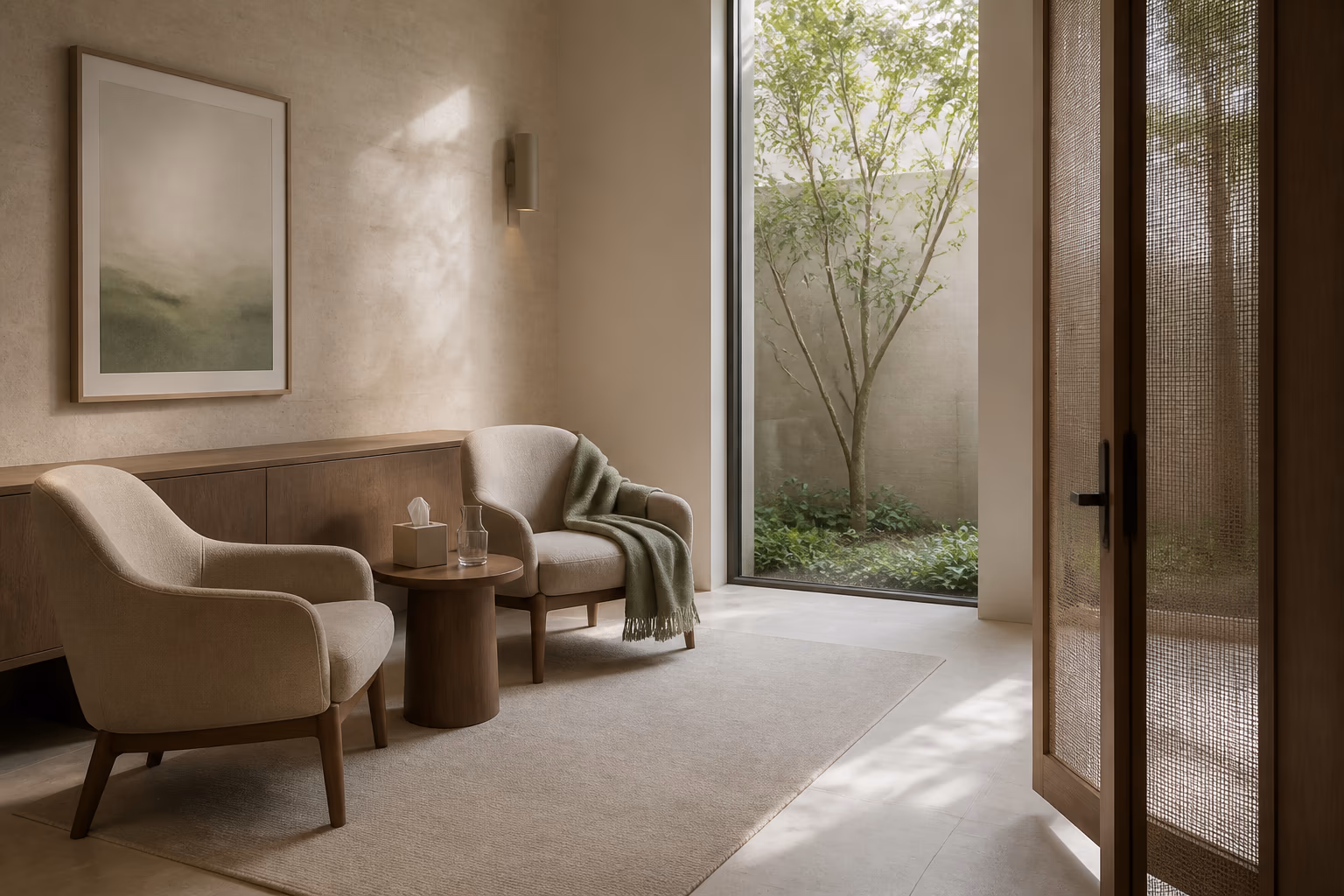 A private reflection room with two chairs, water and a protected garden view.