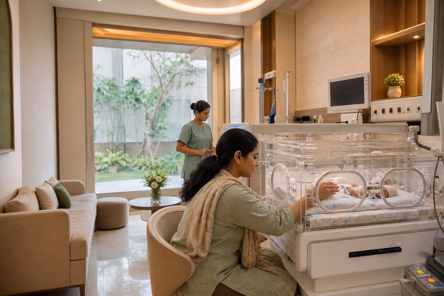 A mother seated directly beside her premature baby’s incubator in an integrated care room.