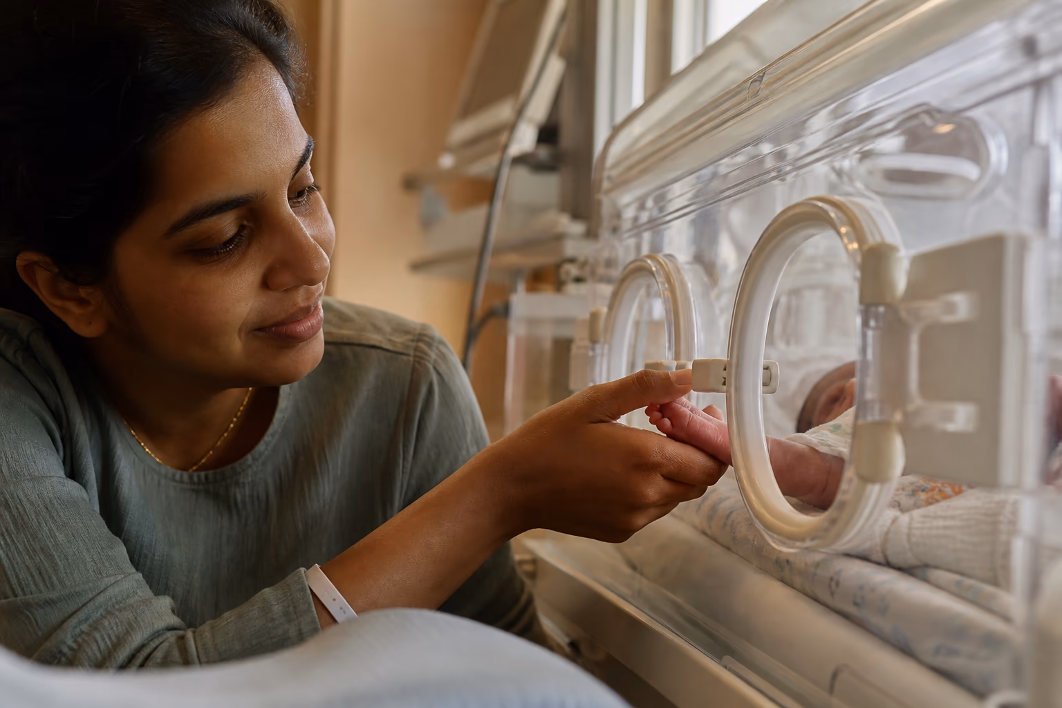 A mother gently holding her premature baby’s foot through an incubator access port.