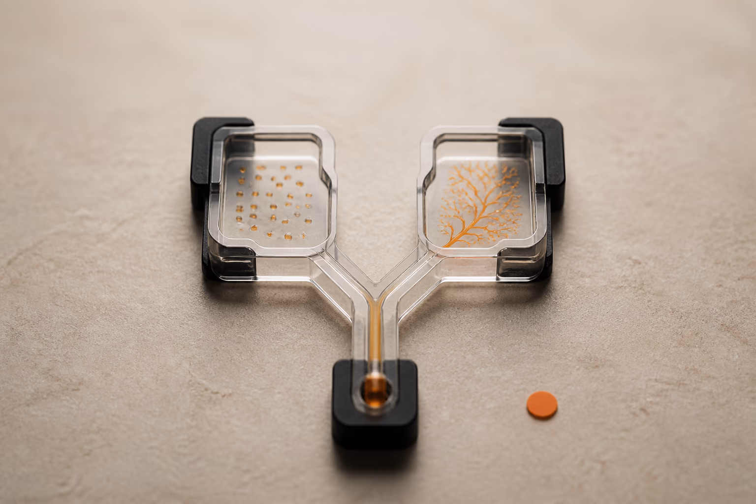 One sample dividing through a Y-shaped microfluidic cartridge into two chambers with visibly different response patterns.