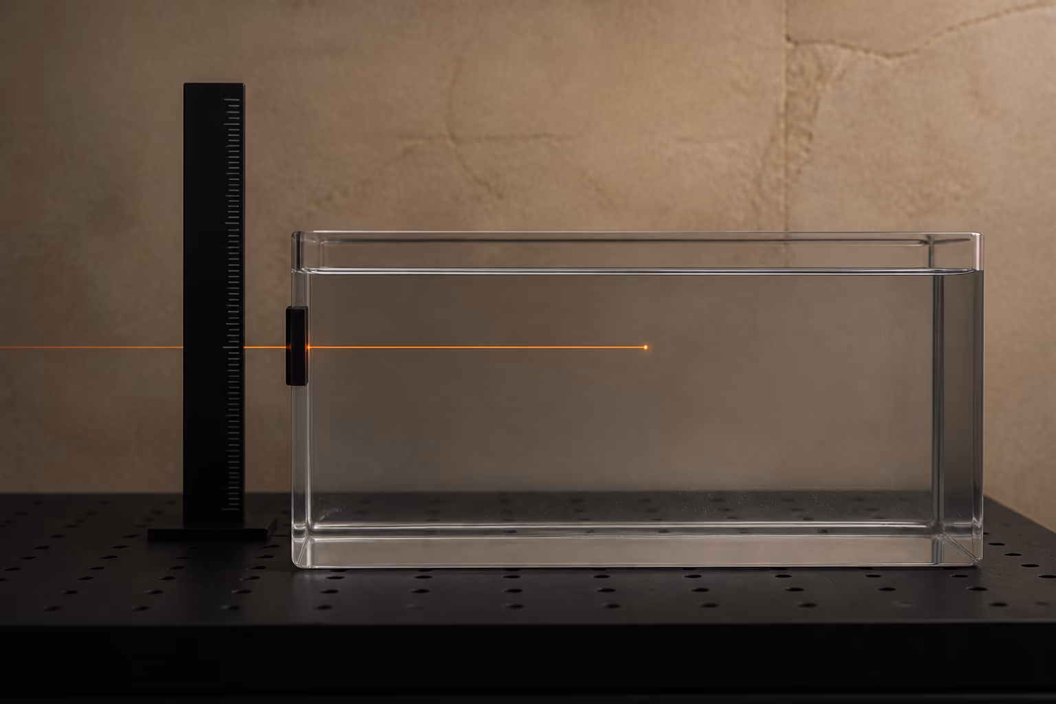 A pencil-thin orange beam stopping at a registered depth inside a clear water phantom beside a physical ruler.