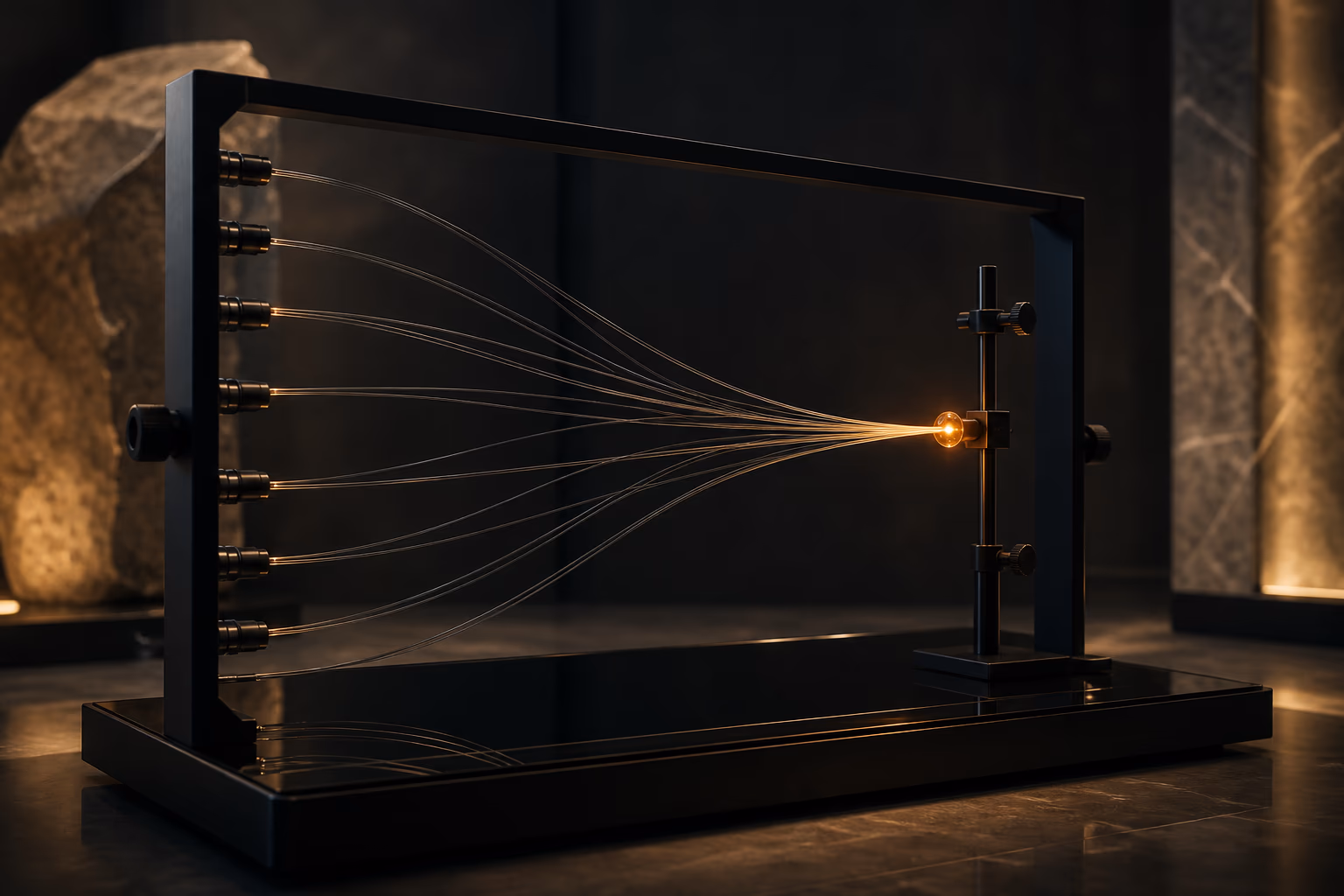 Multiple optical trajectories converging on one precisely illuminated amber point inside a matte scientific frame.