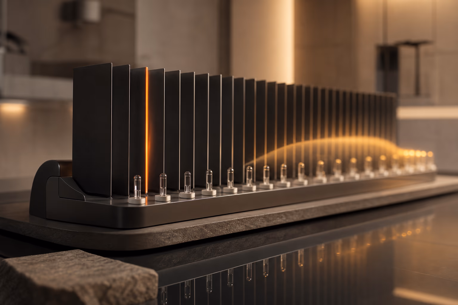 A precision array of charcoal sensor fins detecting an amber signal before it reaches the remaining markers.