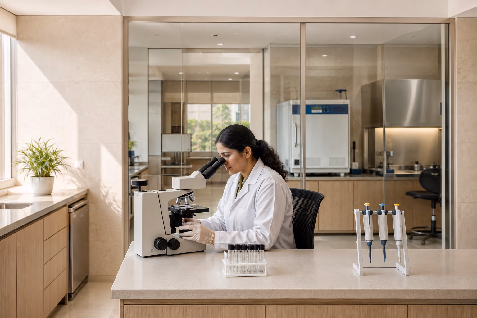 Clinical laboratory with a scientist working at a microscopy bench.