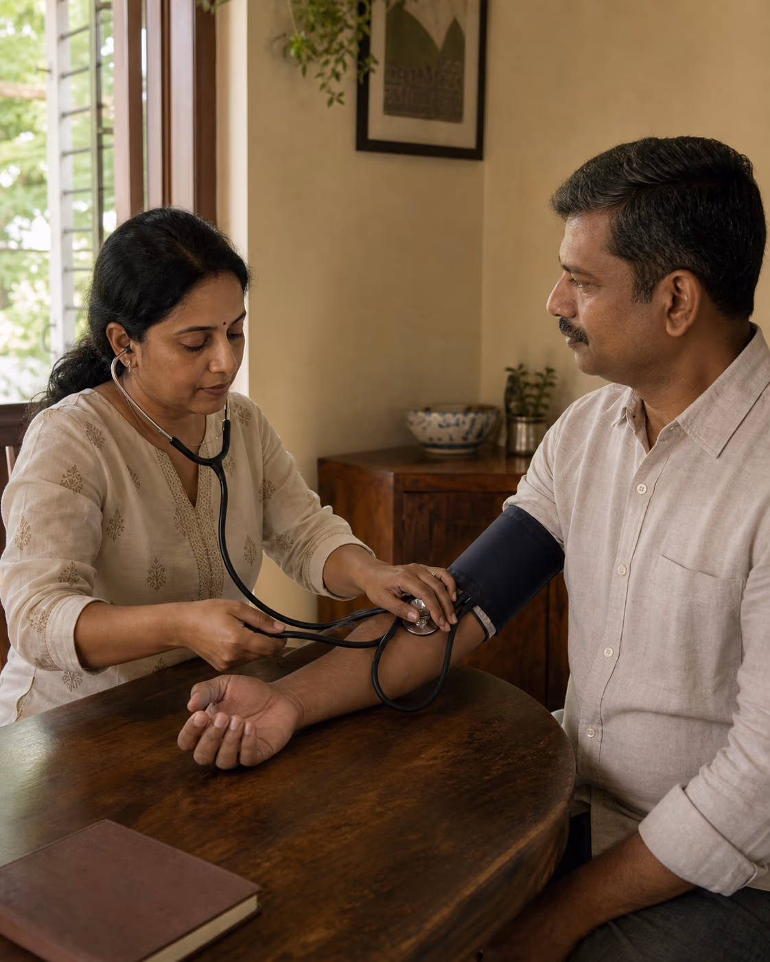 A doctor taking an adult's blood pressure with a manual cuff at his own dining table.