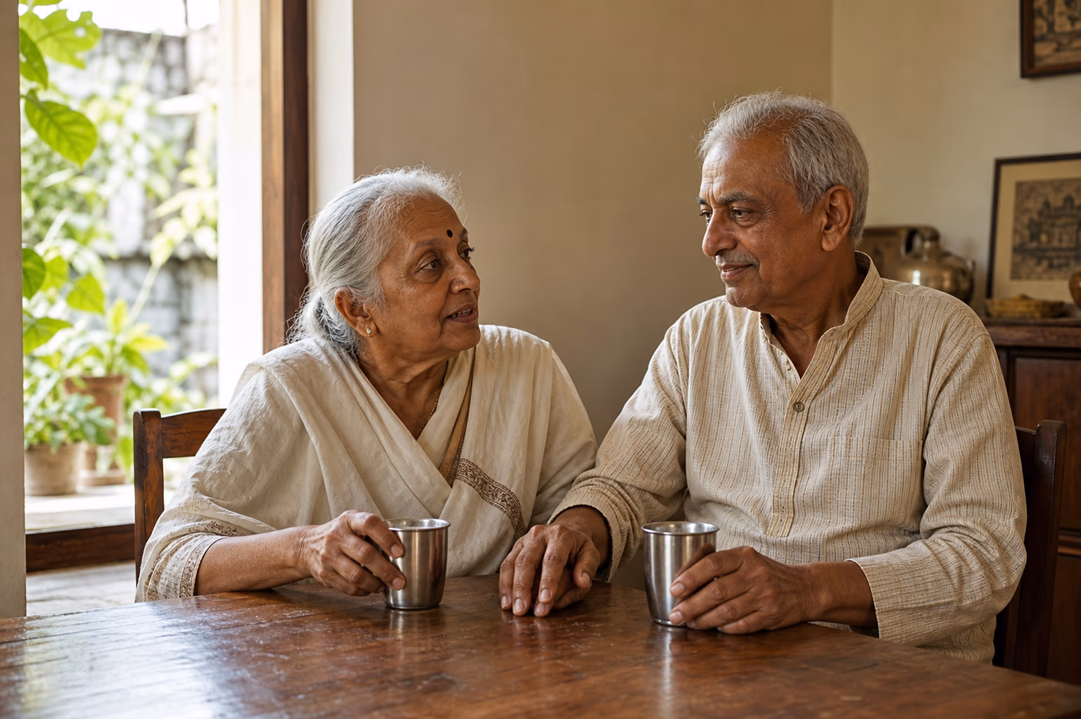 An older couple at home in the morning, mid-conversation over coffee.