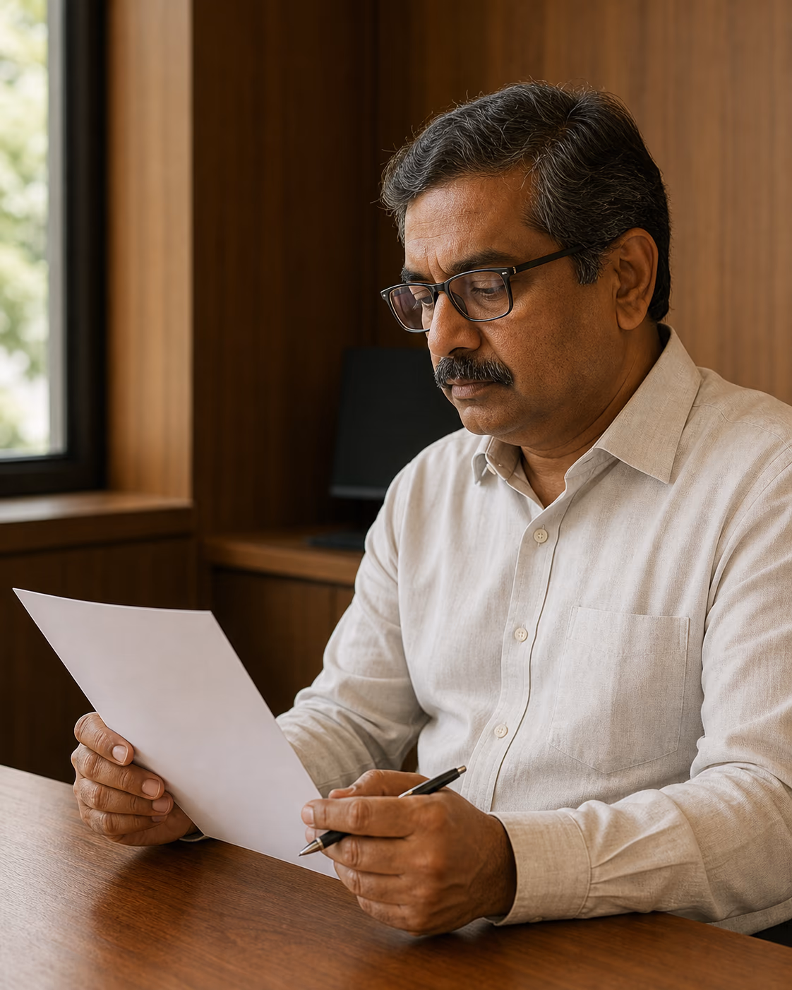 A doctor alone at a quiet desk, reading a single sheet with a pen held ready.