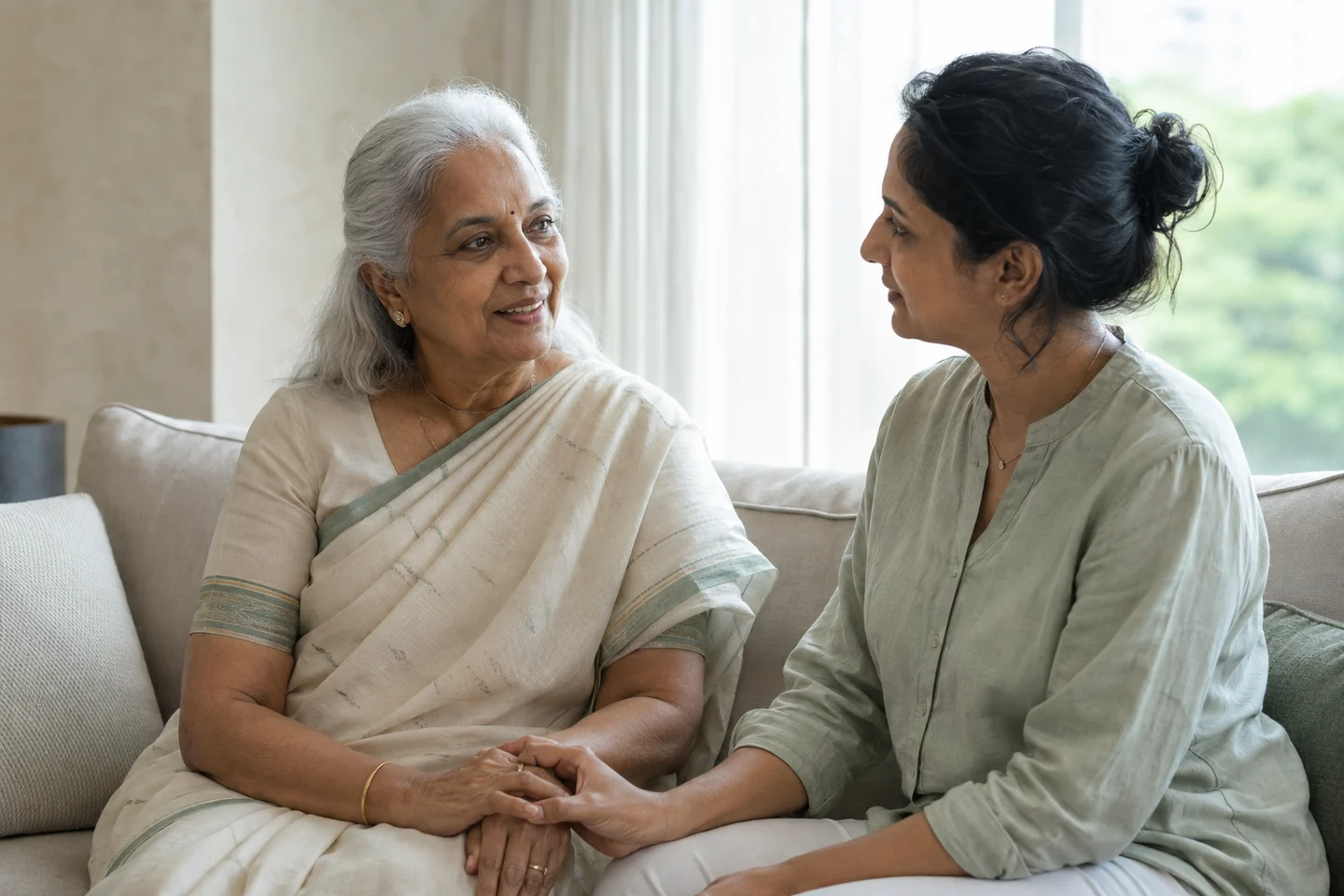 A daughter sharing a quiet conversation with her mother at home
